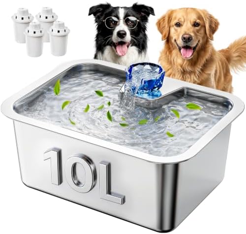 10 L Stainless Steel Dog Water Fountain for Large Dogs, 4 Filters by PETDOTT