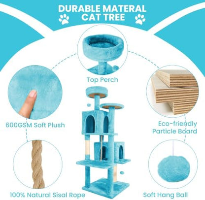 57inch Large Cat Tree Tower Condo for Indoor Cats, Soft Plush Multi-Level Climbing Tree Cat House with Cat Cave, Scratching Post, More Entrance/Exit, Sisal Rope, Light Blue - Image 6