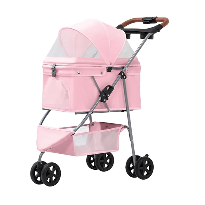 Pet Stroller for Small/Medium Dogs and Cats, Foldable 3 Wheel Jogger with One-Click Fold, Breathable Mesh, Storage Basket, Cup Holder, Weather Cover, (Pink)