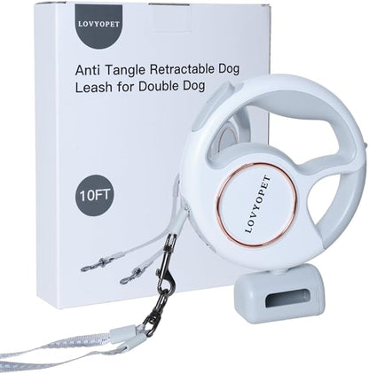 All-in-One Retractable Dual Dog Leash with LED Light and Poop Bag Holder, 360° Tangle-Free Swivel, One-Touch Brake/Lock, Durable Tape & Ergonomic Grip – for Two Small Dogs