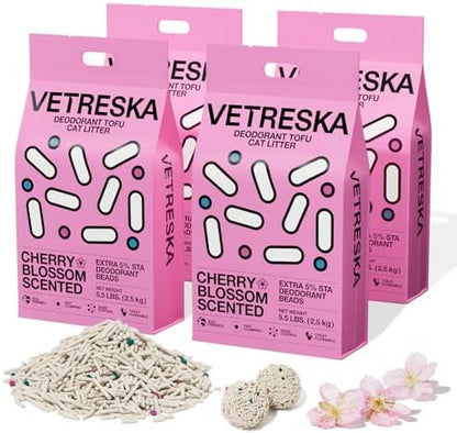 VETRESKA Cherry Blossom Tofu Cat Litter, Odor Control, 5.5lb×4bags by VETRESKA