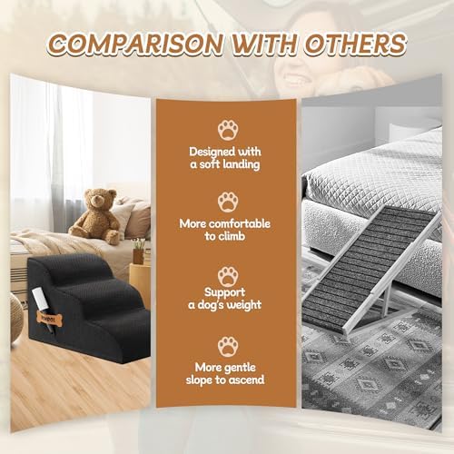 Romrol Dog Stairs Ramp for Beds Couches, Extra Wide Pet Steps with Durable Non-Slip Waterproof Fabric Cover, Dog Slope Stairs for Small Dogs and Cats or Pets Friendly, 3-Tiers, 13 Inch,Black - Image 4