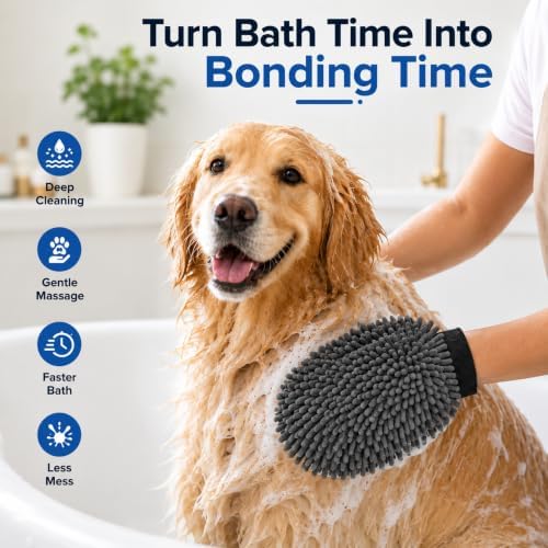 2-in-1 Dog Washing Glove, Silicone Bath Scrubber & Chenille Pet Towel, Dog Bath Glove for Bathing, Grooming & Hair Removal - Image 3