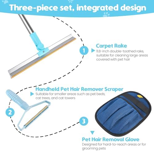 3-in-1 Pet Hair Removal Tool Kit Dog Hair Remover and Carpet Rake Includes Handheld Pet Hair Removal Tool and Grooming Glove Removes Embedded Fur from Carpets Rugs Furniture and Pet Beds - Image 3