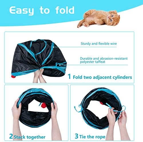 Sheldamy Cat Tunnel, 2-Way Collapsible Play Tunnel, Interactive Toy Maze for Small Animals, Suitable for Kittens, Puppies, Rabbits, Ferrets, Blue & Black - Image 4