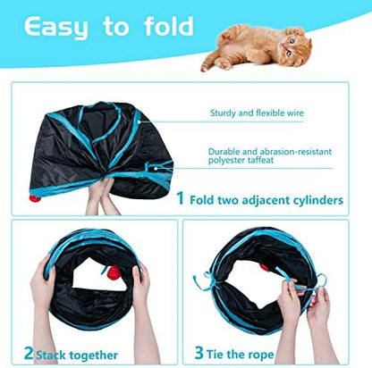 Sheldamy Cat Tunnel, 2-Way Collapsible Play Tunnel, Interactive Toy Maze for Small Animals, Suitable for Kittens, Puppies, Rabbits, Ferrets, Blue & Black - Image 4