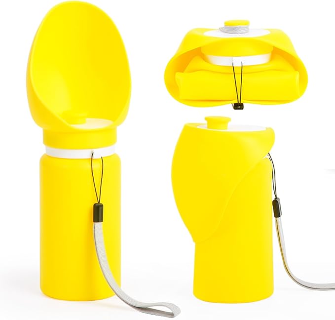 Jalopink Portable Dog Water Bottle, 2-in-1 Leak Proof & Collapsible Silicone Pet Dispenser with Built-in Bowl, Food Grade Travel Cup for Walking, Hiking (19oz/550ml, Yellow)