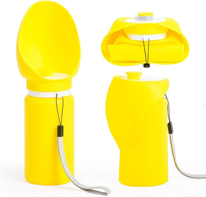 Jalopink Portable Dog Water Bottle, 2-in-1 Leak Proof & Collapsible Silicone Pet Dispenser with Built-in Bowl, Food Grade Travel Cup for Walking, Hiking (19oz/550ml, Yellow)