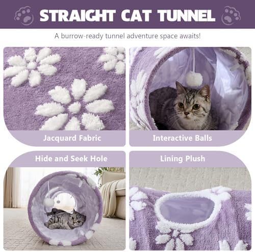 Straight Cat Tunnel for Indoor Cats 47"x12", Purple Flower - Image 2