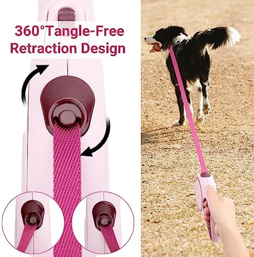Segarty Dog Retractable Leash, 16ft Heavy Duty Walking Dog Leash for Medium Small Pet up to 44lb, Anti-Slip Handle 360°Tangle-Free Nylon Tape, 1-Handed 1 Button Lock and Release (Pink Wine) - Image 4