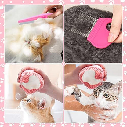 VCZONE 8 Pcs Cat Brush Grooming Kits, Pet Self Cleaning Kit with Pet Nail Clipper and File, Flea Comb, Pet Shampoo Bath Brush, Pet Shedding Brush, Silicone Toothbrush (Pink) - Image 4