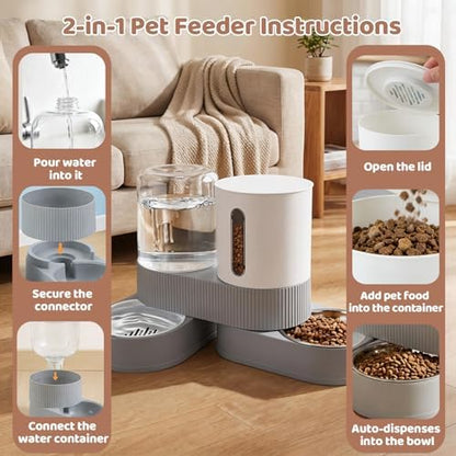 Gravity Cat Feeder 2 Pack Automatic Food Feeder and Water Dispenser Set Detachable Pet Bowl with Silicone Mat for Cats Small Medium Dogs, Large Capacity(Grey) - Image 3