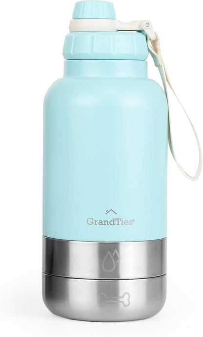 GrandTies Insulated Portable Dog Water Bottle with 2 Detachable Water Bowl Dispenser | Leak-Proof Dog Food Travel Container | Accessories for Dogs Walking, Hiking, Camping (32oz, Powder Green)