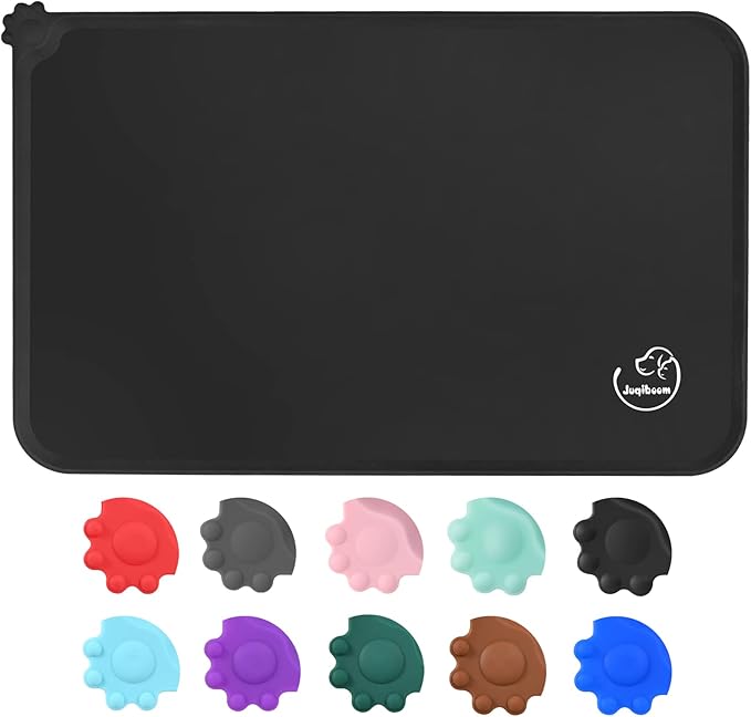 Silicone Waterproof Dog Cat Pet Feeding Mats, Non Slip, Easy Clean Pet Dog Cat Bowl Mats Placemat (18.5" x 11.5") Black