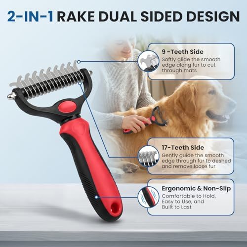 Pet Grooming Rake for Dogs and Cats - 4-in-1 Deshedding Dematting Kit with Double-Sided Undercoat Rake and Metal Comb for Long & Short Haired Pets, Reduces Shedding 95% - Image 2
