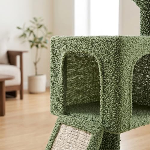 32" Cactus Cat Tree for Indoor Cats, 2-in-1 Cat House with Sisal Scratching Post & Ramp, 2-Level Cat Tower with Rotatable Feather & Ball Toys, Stable Cat Condo for Small/Medium Cats, Green - Image 5