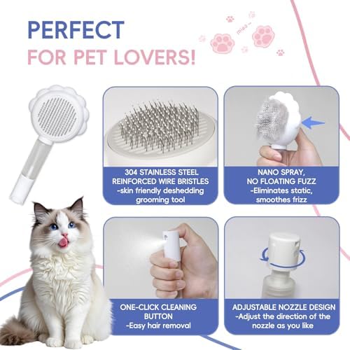 Cat Brushes For Indoor Cats, Cat Shedding Brush With Pet Flea Comb & Pet Nail Clippers, Slicker Brush For Dogs & Rabbit Grooming Kit, Spray Hair Removal Comb With Release Button & Visual Spray, White - Image 3
