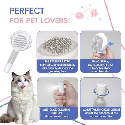 Cat Brushes For Indoor Cats, Cat Shedding Brush With Pet Flea Comb & Pet Nail Clippers, Slicker Brush For Dogs & Rabbit Grooming Kit, Spray Hair Removal Comb With Release Button & Visual Spray, White - Image 3
