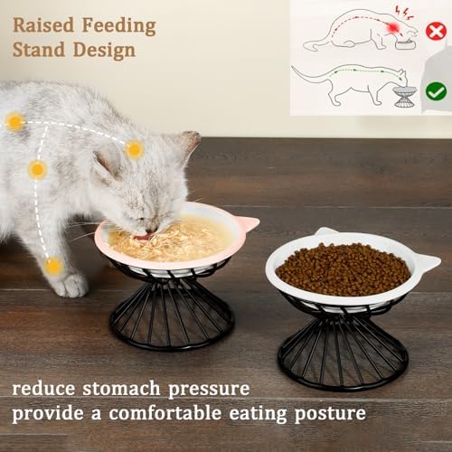 Elevated Cat Bowls,6.3" Wide Raised Ceramic Cat Food Bowl with Anti-Slip Metal Stand for Indoor Cats,Whisker Friendly,Protect Pet's Spine Pet Food Dishes for Flat Faced Cats and Kitten (White) - Image 5