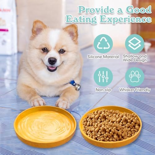 Silicone Dog Bowl Shallow Cat Food Bowls 7" Wide Puppy Plates Whisker Fatigue Pet Feeding Dishes Set of 2 for Dry Food and Wet Food Indoor (Round Yellow) - Image 4
