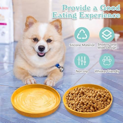 Silicone Dog Bowl Shallow Cat Food Bowls 7" Wide Puppy Plates Whisker Fatigue Pet Feeding Dishes Set of 2 for Dry Food and Wet Food Indoor (Round Yellow) - Image 4