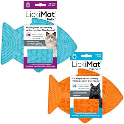 Lickimat Casper & Felix, Fish-Shaped Cat Slow Feeders Lick Mat, Boredom Anxiety Reducer; Perfect for Food, Treats and Anxiety Reduction. (Orange & Turquoise) by LICKIMAT