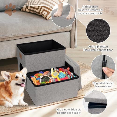 Zerbuger Dog Stairs with Storage, Grey 2 Steps Dog Ramp with Condo for Bed - Image 6