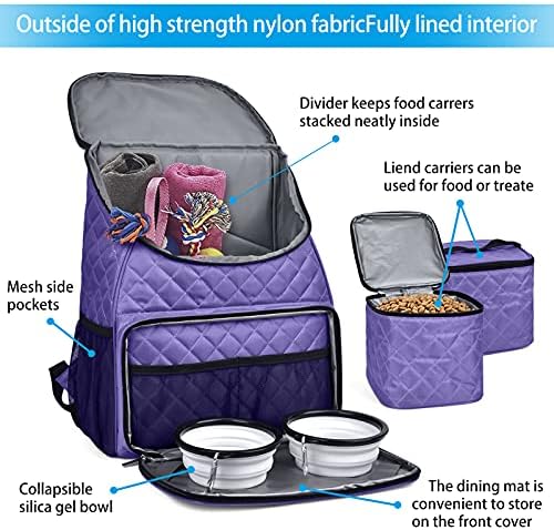 BAGLHER Dog Travel Bag Airline Approved Pet Supplies Backpack, Dog Travel Backpack with 2 Silicone Collapsible Bowls and 2 Food Baskets Purple - Image 4