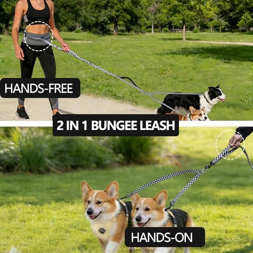 Roses&Poetry Hands Free Double Dog Leash for Two Dogs, 9-11ft Adjustable Bungee Walking Waist Lead, Dual Dog Leash with Tangle-Free Swivel for Medium Large Dogs Heavy Duty Running(Blackwhite) - Image 4