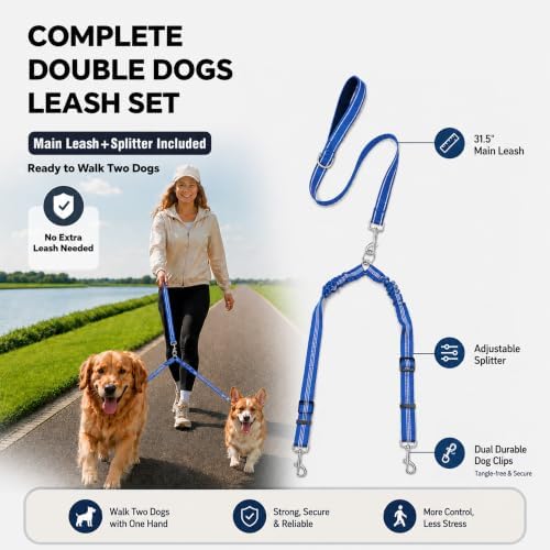 Double Dog Leash Padded Handle 360°Swivel No Tangle Dual Leash for Two Dogs - Image 2