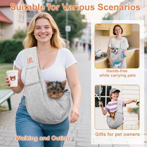 Tomkas Small Dog Cat Sling Carrier Puppy Purse Travel Wrap Soft Crossbody Pet Bag (Grey, M - Zip Pocket & Classic Strap) - Image 2
