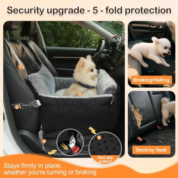 SIVES Dog Car Seat for Small Dogs, Soft Booster Seat Travel Bed with Side Flaps, Non-Slip Base, Seat Belt Straps + Safety Tether, Storage Pocket, Washable Cushion, Recommended Up to 33 lbs, Black