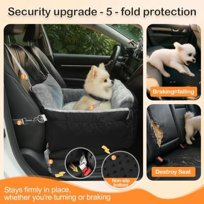 SIVES Dog Car Seat for Small Dogs, Soft Booster Seat Travel Bed with Side Flaps, Non-Slip Base, Seat Belt Straps + Safety Tether, Storage Pocket, Washable Cushion, Recommended Up to 33 lbs, Black