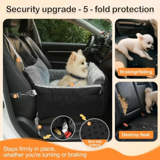SIVES Dog Car Seat for Small Dogs, Soft Booster Seat Travel Bed with Side Flaps, Non-Slip Base, Seat Belt Straps + Safety Tether, Storage Pocket, Washable Cushion, Recommended Up to 33 lbs, Black
