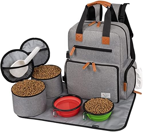 Modoker Dog Travel Backpack Set with 2 Food Bags, 2 Bowls and 1 Mat, Grey by Modoker