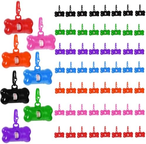 63 Pack Bone Shaped Poop Bag Dispenser, Dog Poop Waste Bag Holder Container with Hook, Leakproof Pet Waste Disposal Bags for Outdoor Pet Supplies 7 Colors by Unknown