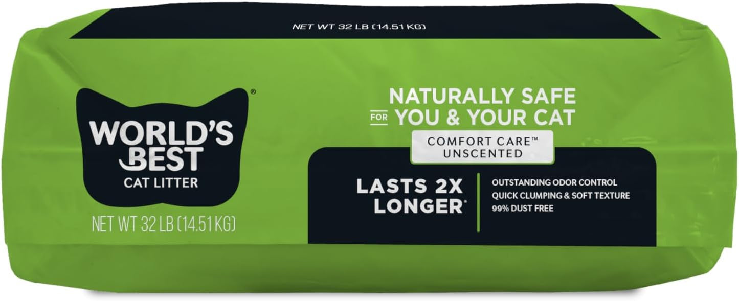 WORLD'S BEST CAT LITTER Comfort Care Unscented, 32-Pounds - Natural Ingredients, Quick Clumping, Flushable, 99% Dust Free & Made in USA - Long-Lasting Odor Control & Easy Scooping