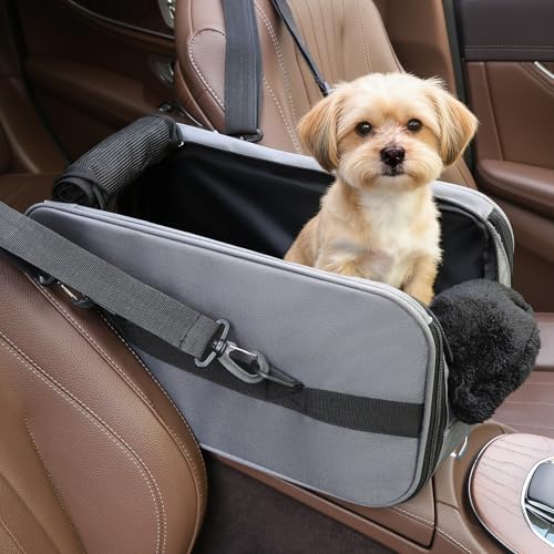 Center Console Dog Car Seat for Small Dogs,Dog Booster Car Seat with Safety Belt and Pockets,Portable Pet Armrest for Puppy Cat Under 13 lbs (Grey) by RUONARIER