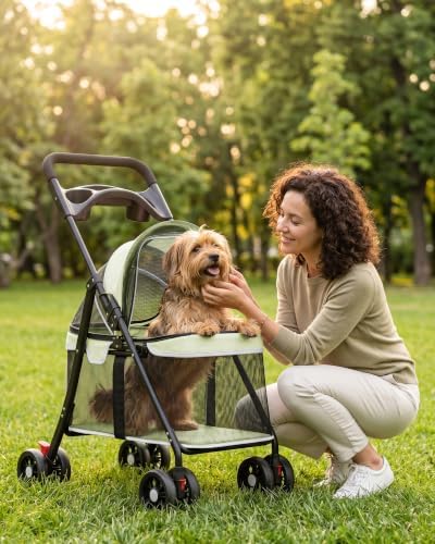 GTPLAYER Foldable Pet Stroller for Small Dogs and Cats, Holds Up to 33 lb, 4 Wheel, Full Mesh Ultra Breathable, Safety Tethers, Cup Holder & Poop Bags Included, Mint Green - Image 3