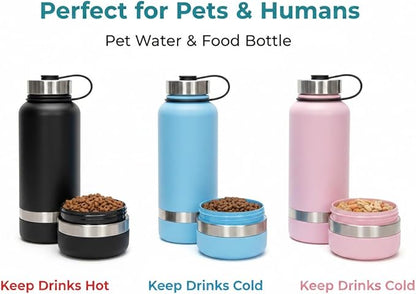 Stainless Steel Dog Water Bottle 32oz with Built-in Bowl, Leak-Proof Travel Pet Water Dispenser, Carry Loop for Walking, Hiking, Outdoor Use (Pink)