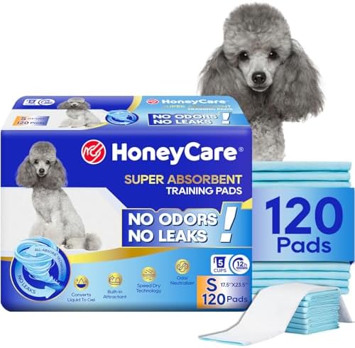 Honey Care All-Absorb, Small 17.5" x 23.5", 120 Count, Dog and Puppy Training Pads, Ultra Absorbent and Odor Eliminating, Leak-Proof 5-Layer Potty Training Pads with Quick-Dry Surface, Blue, A05 by HoneyCare
