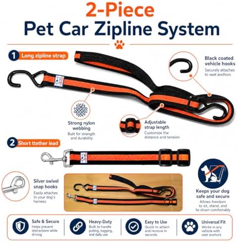 Dog Car Harness & Zipline System - Adjustable Pet Seat Belt for Safe Rides, Reduces Driver Distraction. Durable, Escape-Proof Car Leash for Dogs, Tool-Free Install for Backseat. - Image 3