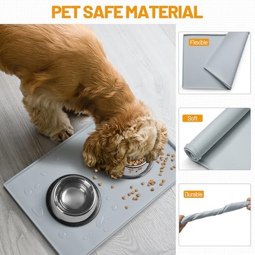 Hubulk Dog Feeding Mat,100% Waterproof Food Grade Silicone Pet Food and Water Bowl Placemat,Dishwasher, High Raised Edge to Prevent Spills,Nonslip Tray to Stop Messes on Floor（28"x18"x0.8", Mist） - Image 5