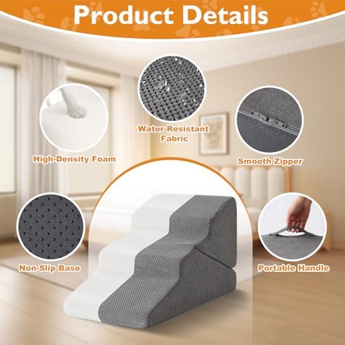 Ahpmeoa Dog Stairs for Small Dogs 16’’ H, 3-Step Dog Steps for Bed, Grey - Image 4