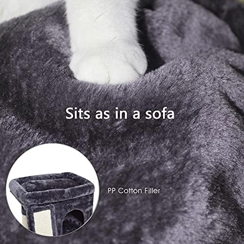 SYANDLVY Small Cat Tree for Indoor Cats Large Adult, Activity Tower with Scratching Post, Modern House with Padded Perch, Kittens Condo with Board, Cat Cave (Smoky Grey) - Image 5