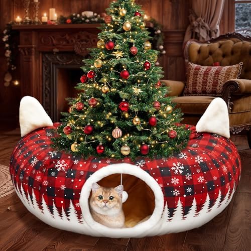 Cat Tunnel Christmas Tree Skirt, 3ft x 3ft x 9.8in Cat Tunnels for Indoor Cats, Buffalo Plaid Peekaboo Cat Tunnel Bed with Hanging Ball, Kitten Toys for Indoor Kittens Puppy Rabbit Ferret by CORALMEE