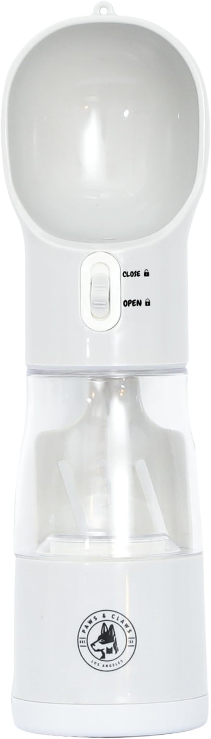 All-in-One Portable Dog Water Bottle, Food Dispenser, Poop Bag Dispenser, Dry/Wet Food Container 7 oz., Travel Water Bottle 9oz., 2 Poop Bags Included, Food Grade Plastic, Leak Proof-Grey Color