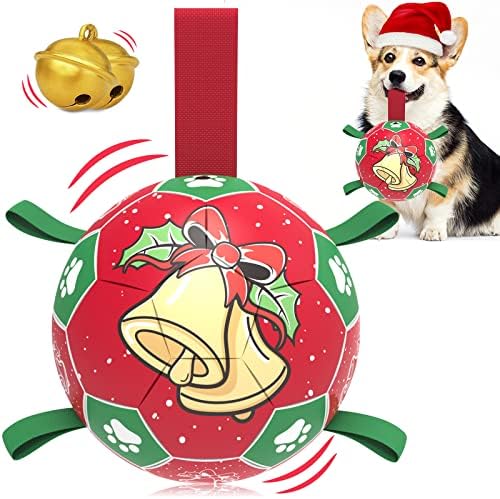 QDAN Christmas Dog Balls with Straps, Squeaky Dog Toys for Indoor Outdoor Playing, Puppy Birthday Gifts, Pet Toy Ball, Durable Herding Balls for Dogs (8 Inch) by QDAN