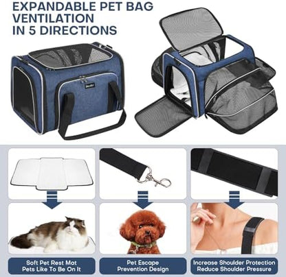 Pet Carrier, Large Soft Sided Expandable Travel Carrier with Steel Frame, Anti-Scratch Mesh, Removable Fleece Pad and Pockets for Cats, Dogs and Small Animals up to 15 lbs (Blue, 5 Sides Expandable) - Image 4