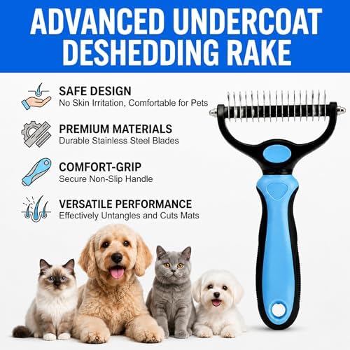 2-in-1 Double-Sided Pet Grooming Comb for Dogs & Cats - Deshedding Brush & Rounded-Tooth Dematting Tool | Painlessly Removes Knots, Tangles, Loose Undercoat & Fur in Thick/Long Coats (Blue-Large) - Image 5